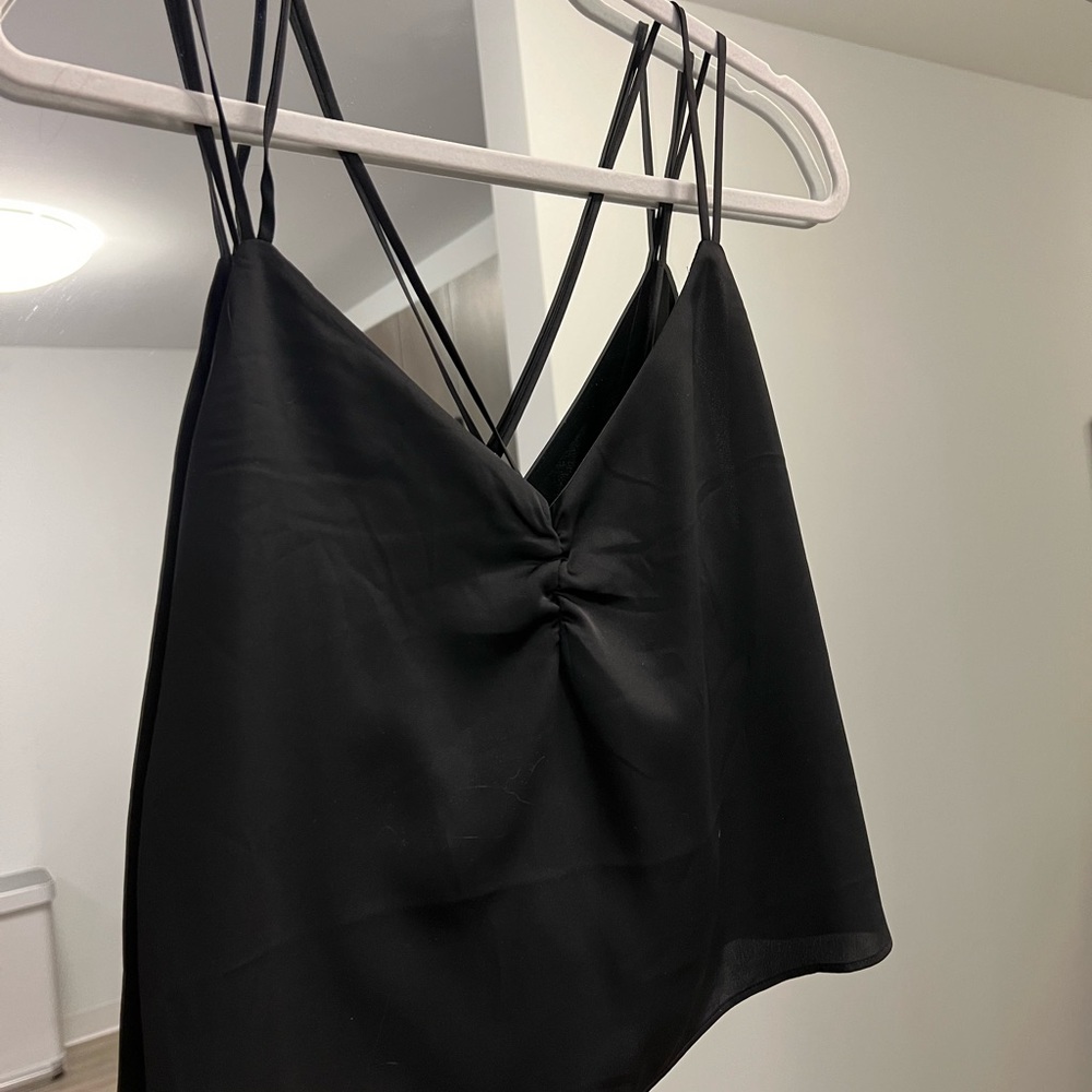 Black crop strappy shiny tank top